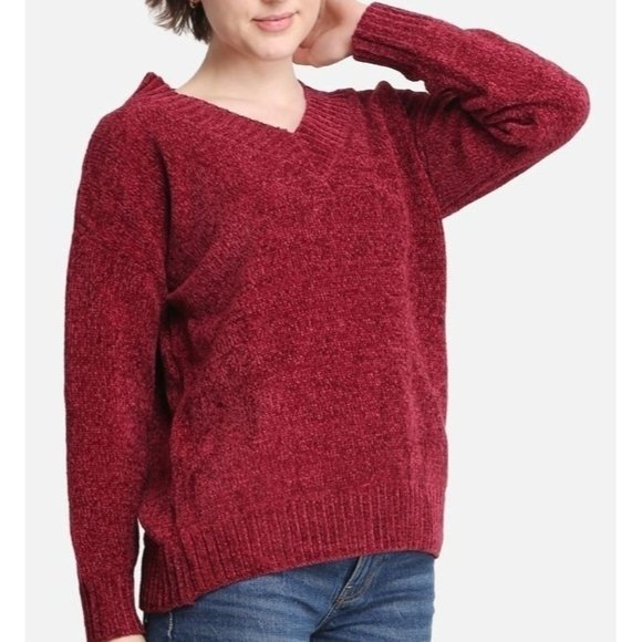 COMFY LUXE WOMENS SOLID WINE/PORT CHENILLE V-NECK SWEATER W/ RIBBED EDGES  - OS - Picture 1 of 11